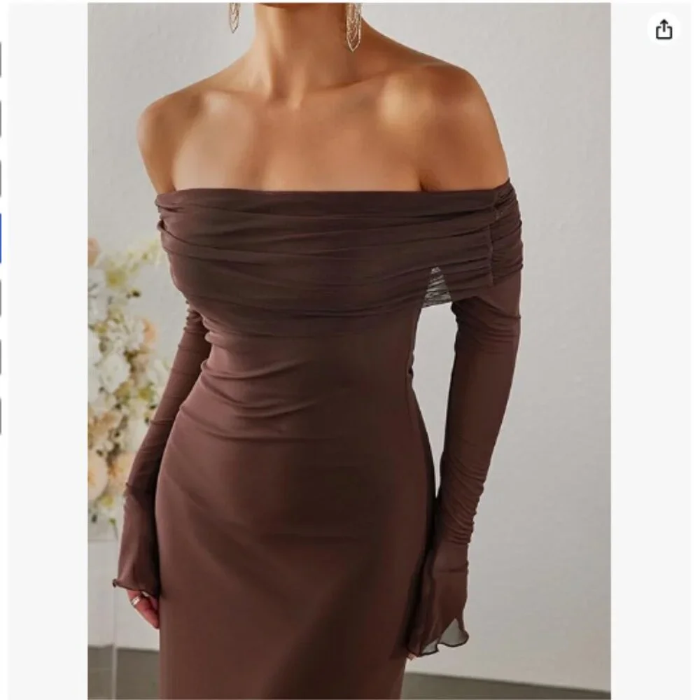 KUTUMAI Women Off Shoulder Bodycon Maxi Dress Long Sleeve Mesh Ruched - Picture 3 of 4